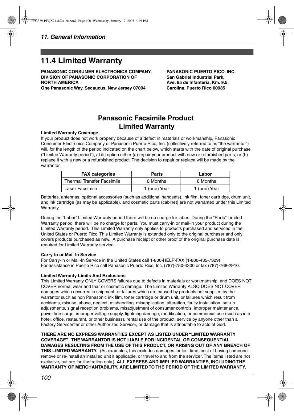 Limited warranty, 4 limited warranty, 4 limited warranty | Panasonic facsimile product limited warranty, General information 100 | Panasonic KX-FPG378 User Manual | Page 102 / 110