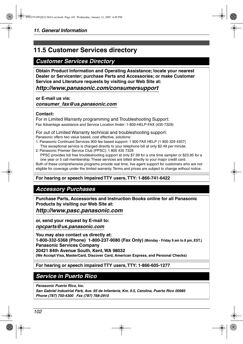 Customer services, 5 customer services directory, Customer services directory | 5 customer services directory, Accessory purchases service in puerto rico | Panasonic KX-FPG378 User Manual | Page 104 / 110