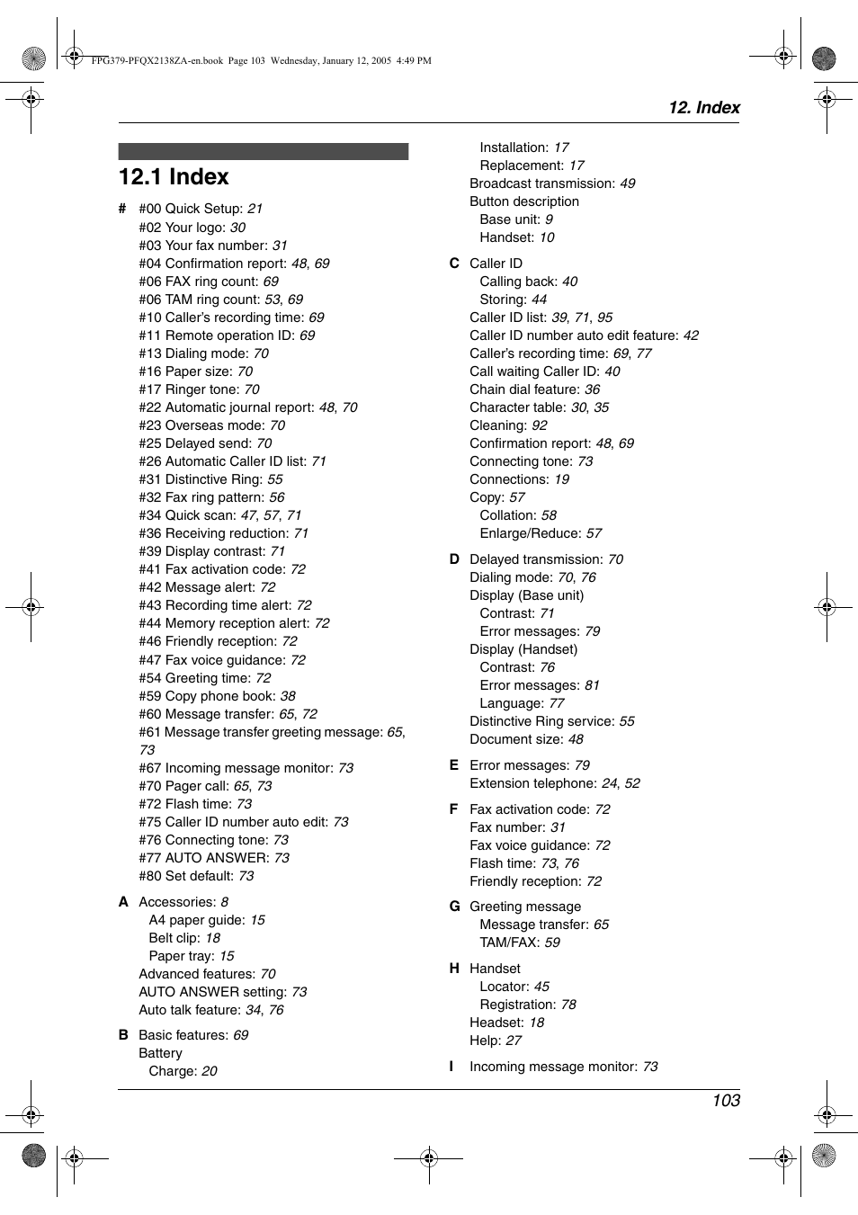 Index, 1 index, Index 103 | Panasonic KX-FPG378 User Manual | Page 105 / 110