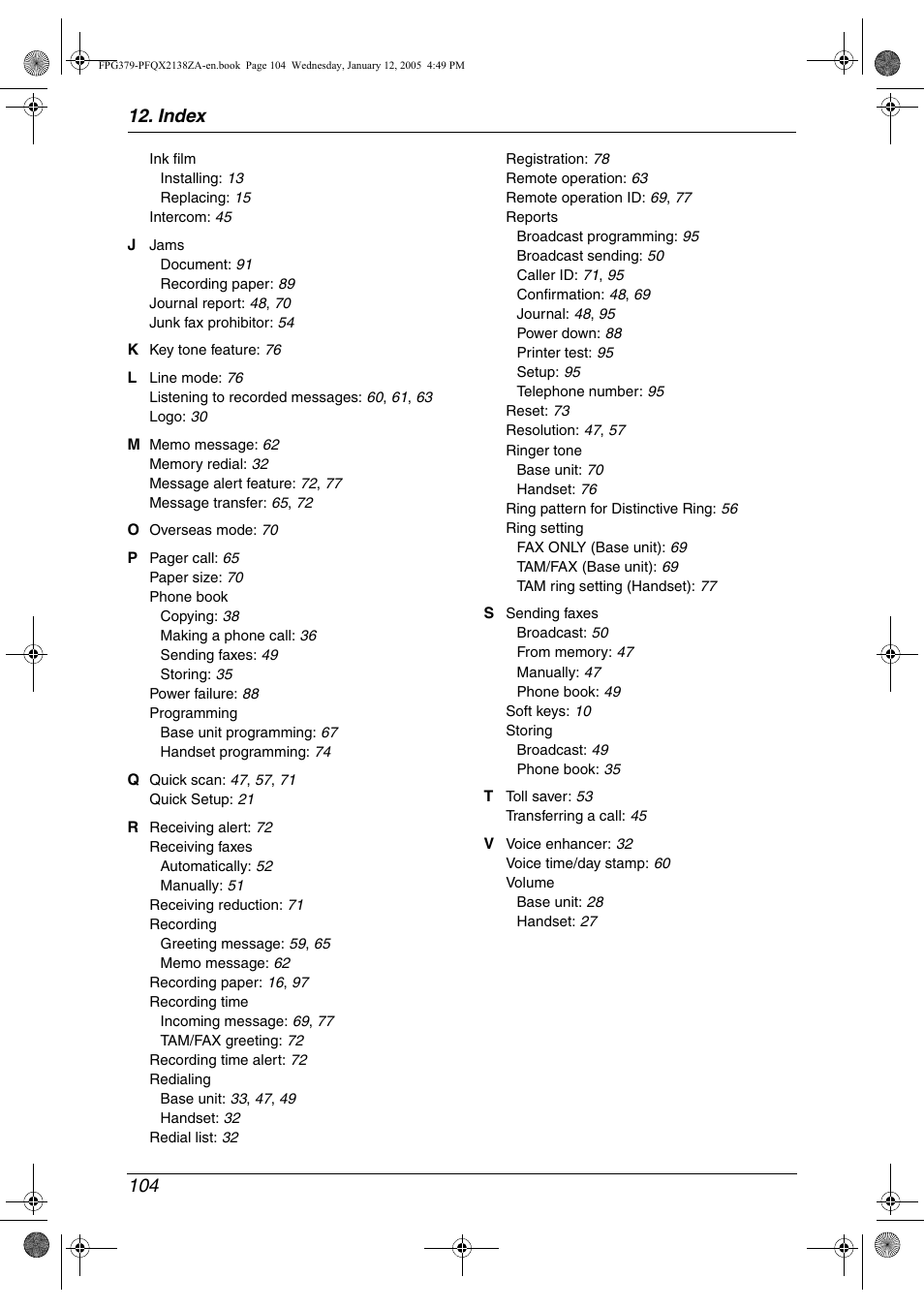 Index 104 | Panasonic KX-FPG378 User Manual | Page 106 / 110