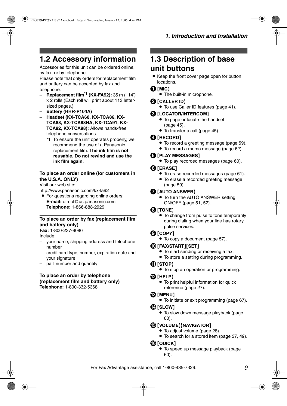 2 accessory information, Finding the controls, 3 description of base unit buttons | Accessory information, Description of base unit buttons, 2 accessory information, 3 description of base unit buttons | Panasonic KX-FPG378 User Manual | Page 11 / 110