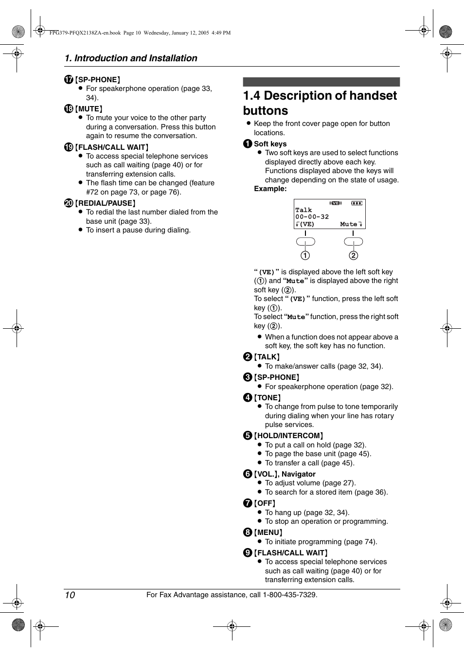 4 description of handset buttons, Description of handset buttons, 4 description of handset buttons | Introduction and installation 10 | Panasonic KX-FPG378 User Manual | Page 12 / 110