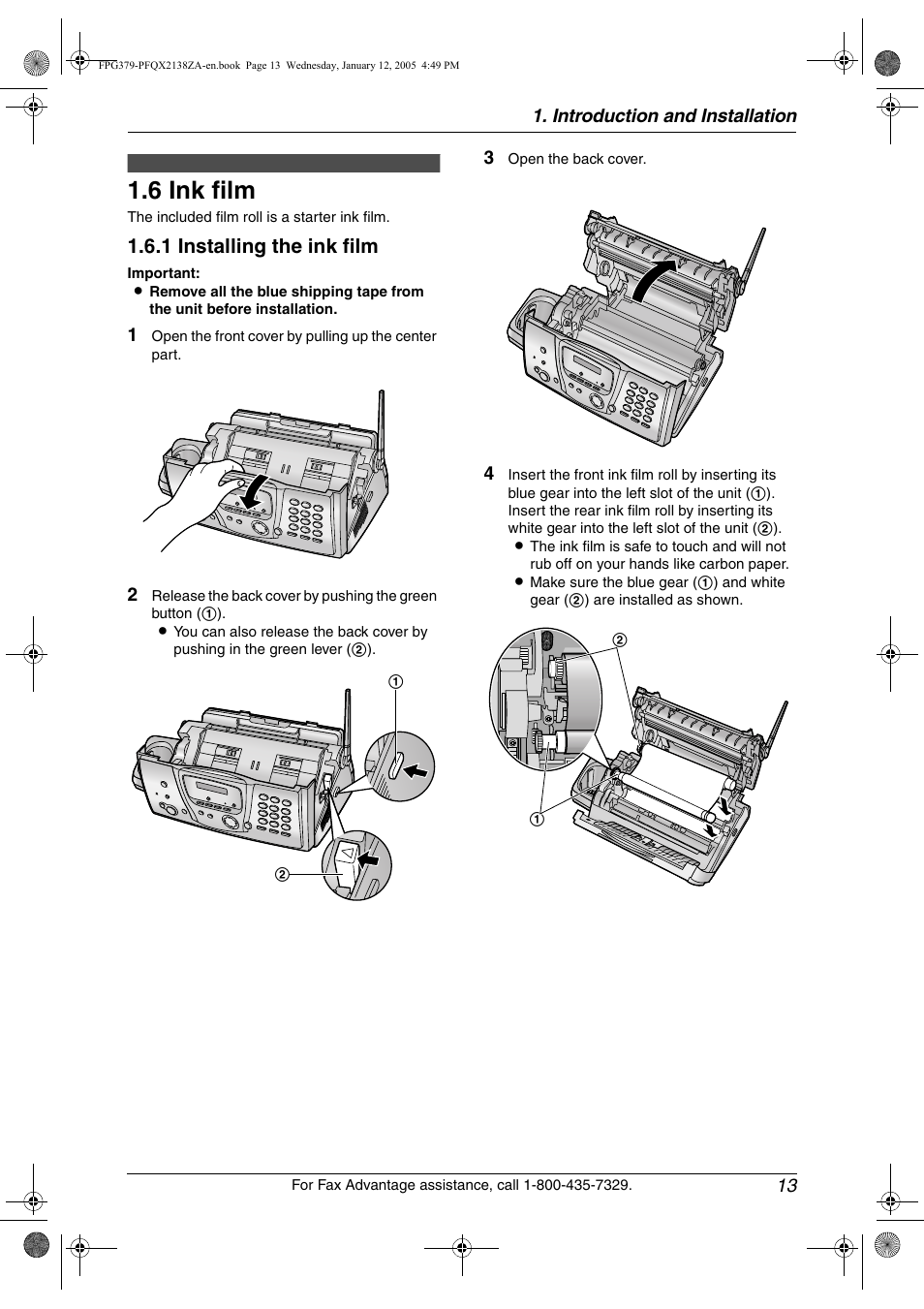 Installation (base unit), 6 ink film, Ink film | 6 ink film, 1 installing the ink film | Panasonic KX-FPG378 User Manual | Page 15 / 110