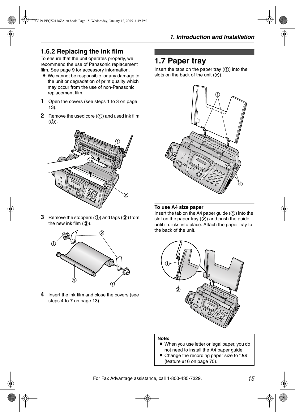 7 paper tray, Paper tray, 7 paper tray | 2 replacing the ink film | Panasonic KX-FPG378 User Manual | Page 17 / 110
