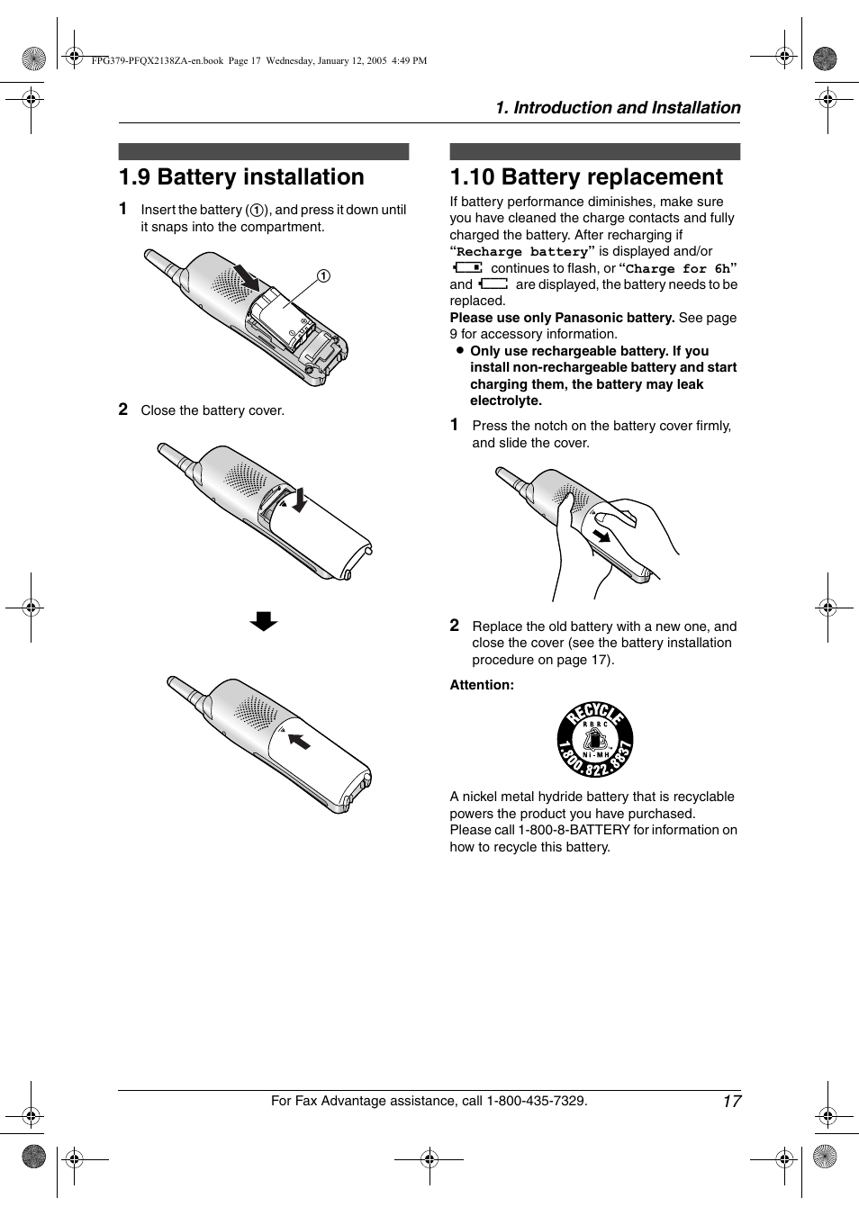 9 battery installation, 10 battery replacement, Battery installation | Battery replacement, 9 battery installation, 10 battery replacement | Panasonic KX-FPG378 User Manual | Page 19 / 110