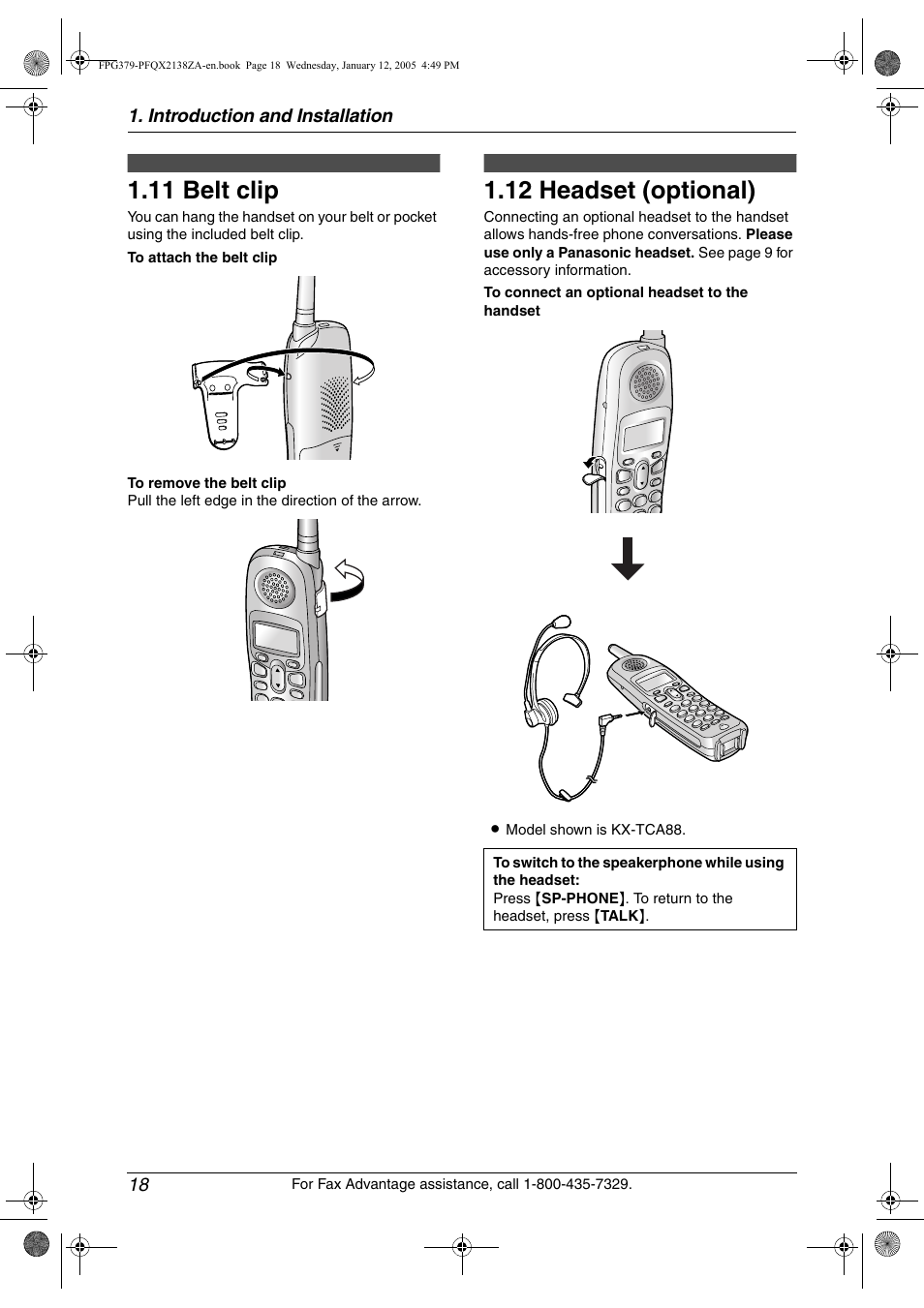 11 belt clip, 12 headset (optional), Belt clip | Headset (optional), 11 belt clip, 12 headset (optional) | Panasonic KX-FPG378 User Manual | Page 20 / 110