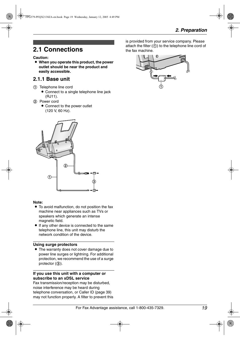 Preparation, Connections and setup, 1 connections | Connections, 1 connections, 1 base unit, Preparation 19 | Panasonic KX-FPG378 User Manual | Page 21 / 110