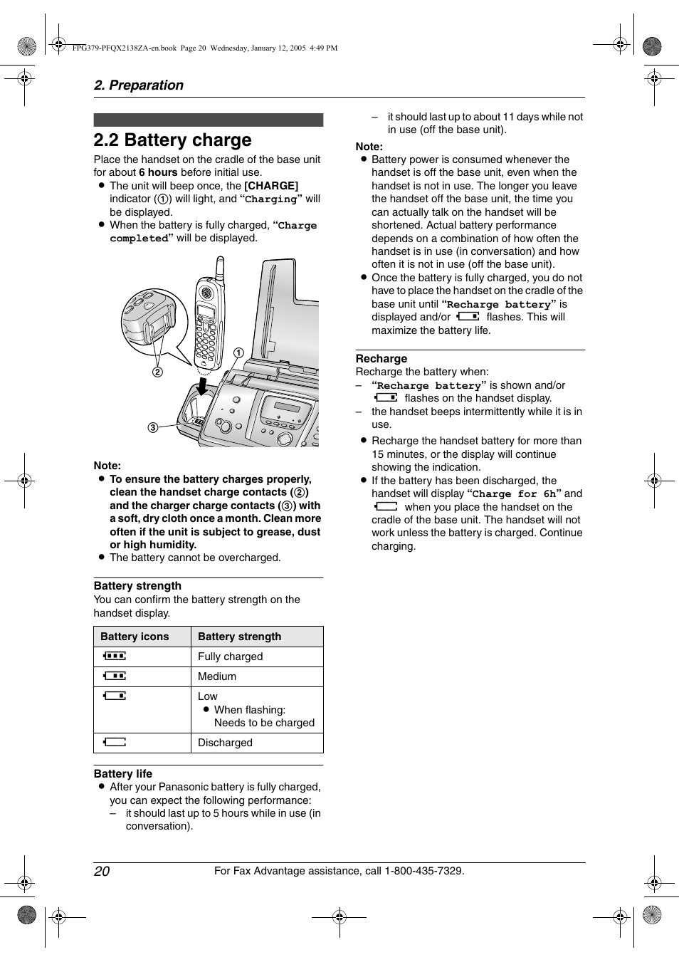 2 battery charge, Battery charge, 2 battery charge | Preparation 20 | Panasonic KX-FPG378 User Manual | Page 22 / 110