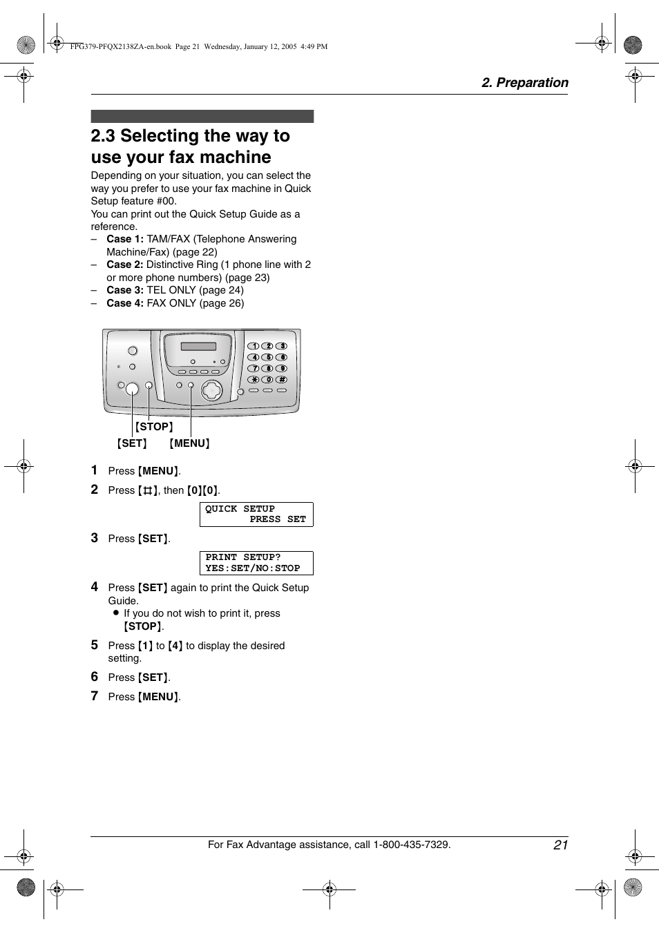 3 selecting the way to use your fax machine, Selecting the way to use your fax machine, 3 selecting the way to use your fax machine | Panasonic KX-FPG378 User Manual | Page 23 / 110