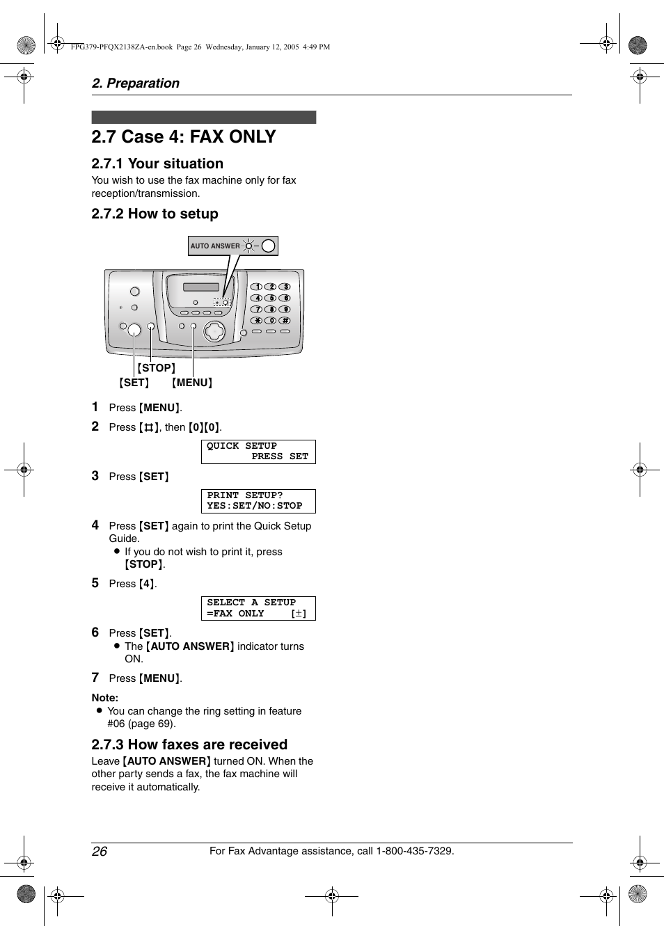 7 case 4: fax only, Case 4: fax only, 7 case 4: fax only | 1 your situation, 2 how to setup, 3 how faxes are received | Panasonic KX-FPG378 User Manual | Page 28 / 110