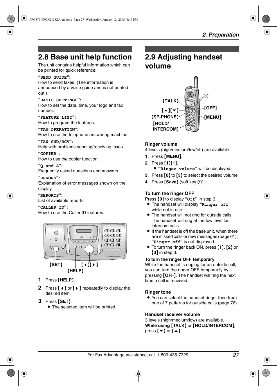 Help button, 8 base unit help function, Volume | 9 adjusting handset volume, Base unit help function, Adjusting handset volume, 8 base unit help function, 9 adjusting handset volume, Preparation 27 | Panasonic KX-FPG378 User Manual | Page 29 / 110