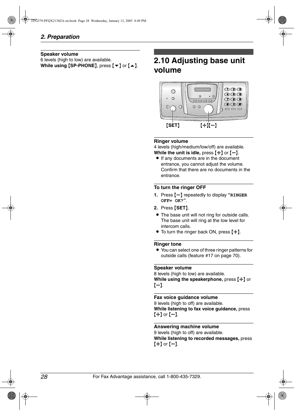 10 adjusting base unit volume, Adjusting base unit volume, 10 adjusting base unit volume | Preparation 28 | Panasonic KX-FPG378 User Manual | Page 30 / 110