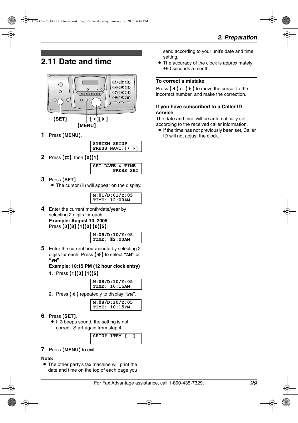 Initial programming, 11 date and time, Date and time | 11 date and time, Preparation 29 | Panasonic KX-FPG378 User Manual | Page 31 / 110