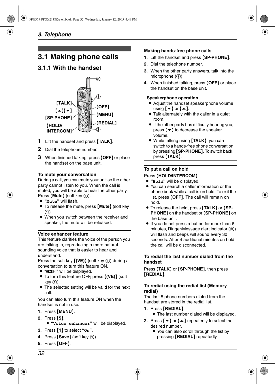 Telephone, Making and answering calls, 1 making phone calls | Making phone calls, 1 making phone calls, 1 with the handset, Telephone 32 | Panasonic KX-FPG378 User Manual | Page 34 / 110