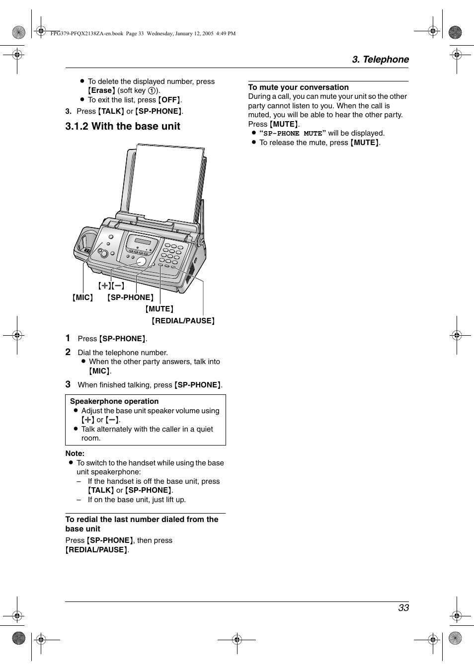 2 with the base unit, Telephone 33 | Panasonic KX-FPG378 User Manual | Page 35 / 110