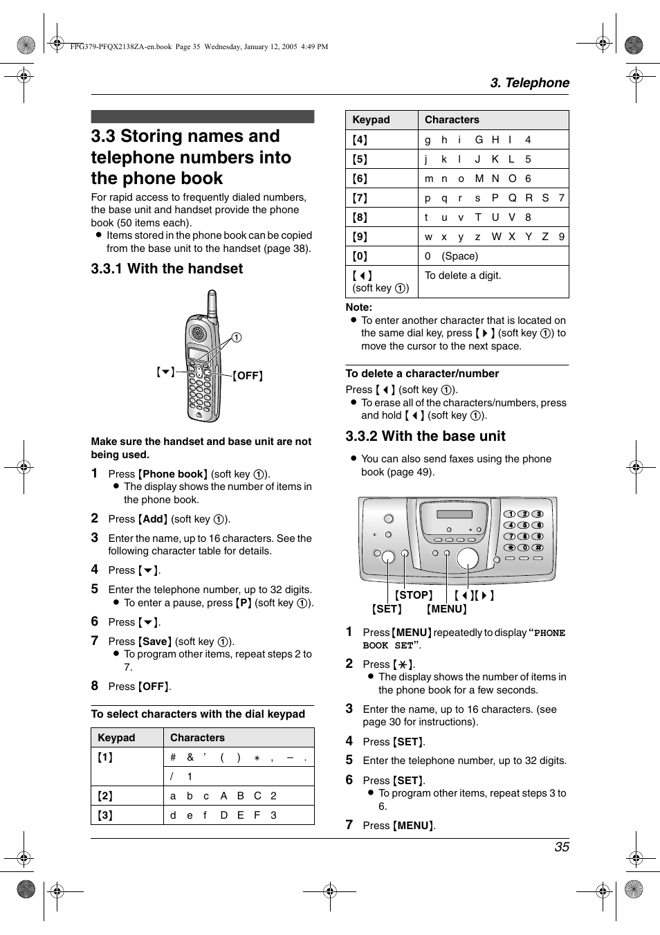1 with the handset, 2 with the base unit, Telephone 35 | Panasonic KX-FPG378 User Manual | Page 37 / 110