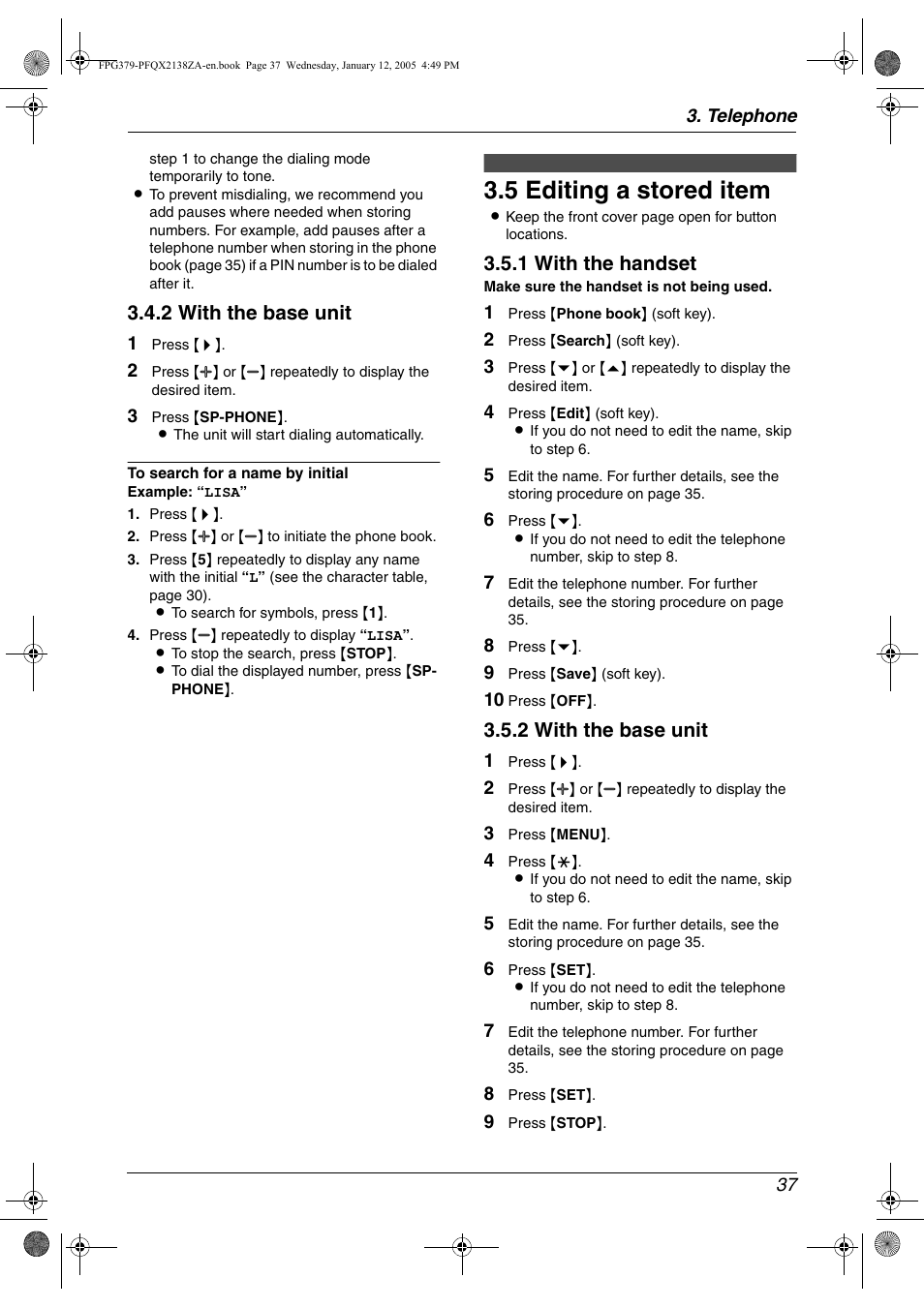 5 editing a stored item, Editing a stored item, 5 editing a stored item | 2 with the base unit, 1 with the handset | Panasonic KX-FPG378 User Manual | Page 39 / 110