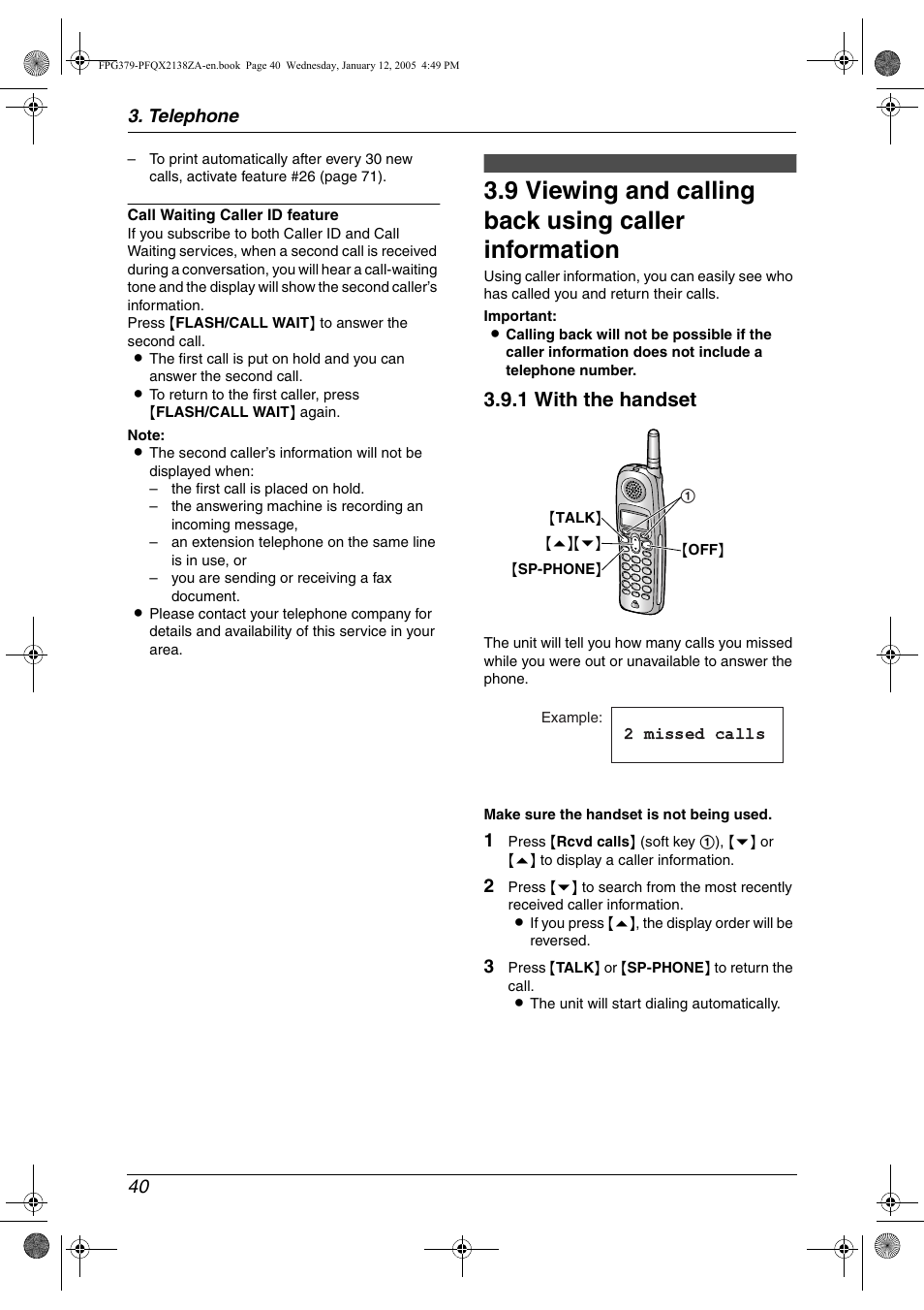 Viewing and calling back using caller information, 1 with the handset | Panasonic KX-FPG378 User Manual | Page 42 / 110