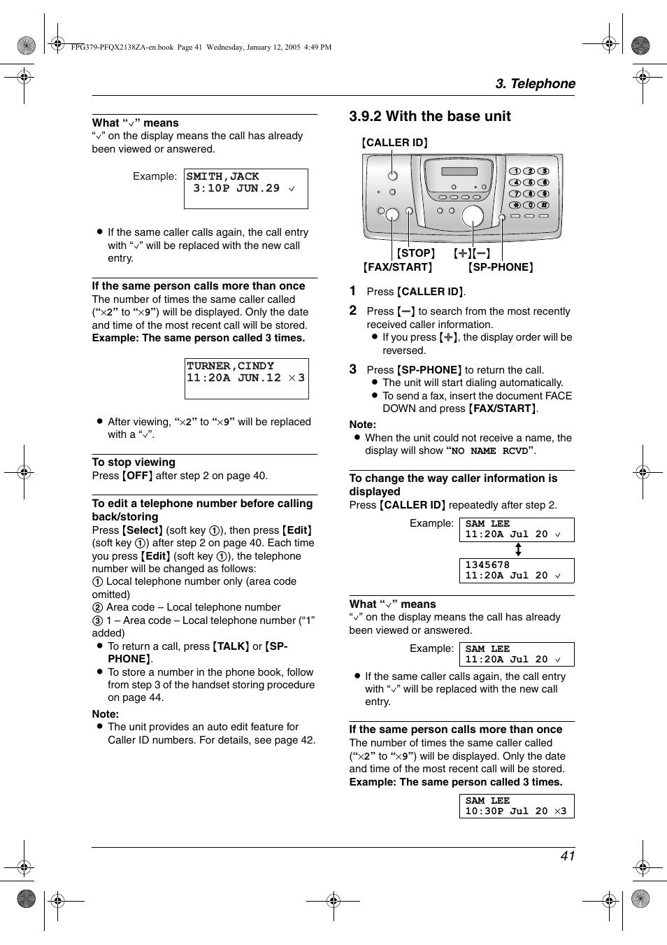 2 with the base unit, Telephone 41 | Panasonic KX-FPG378 User Manual | Page 43 / 110