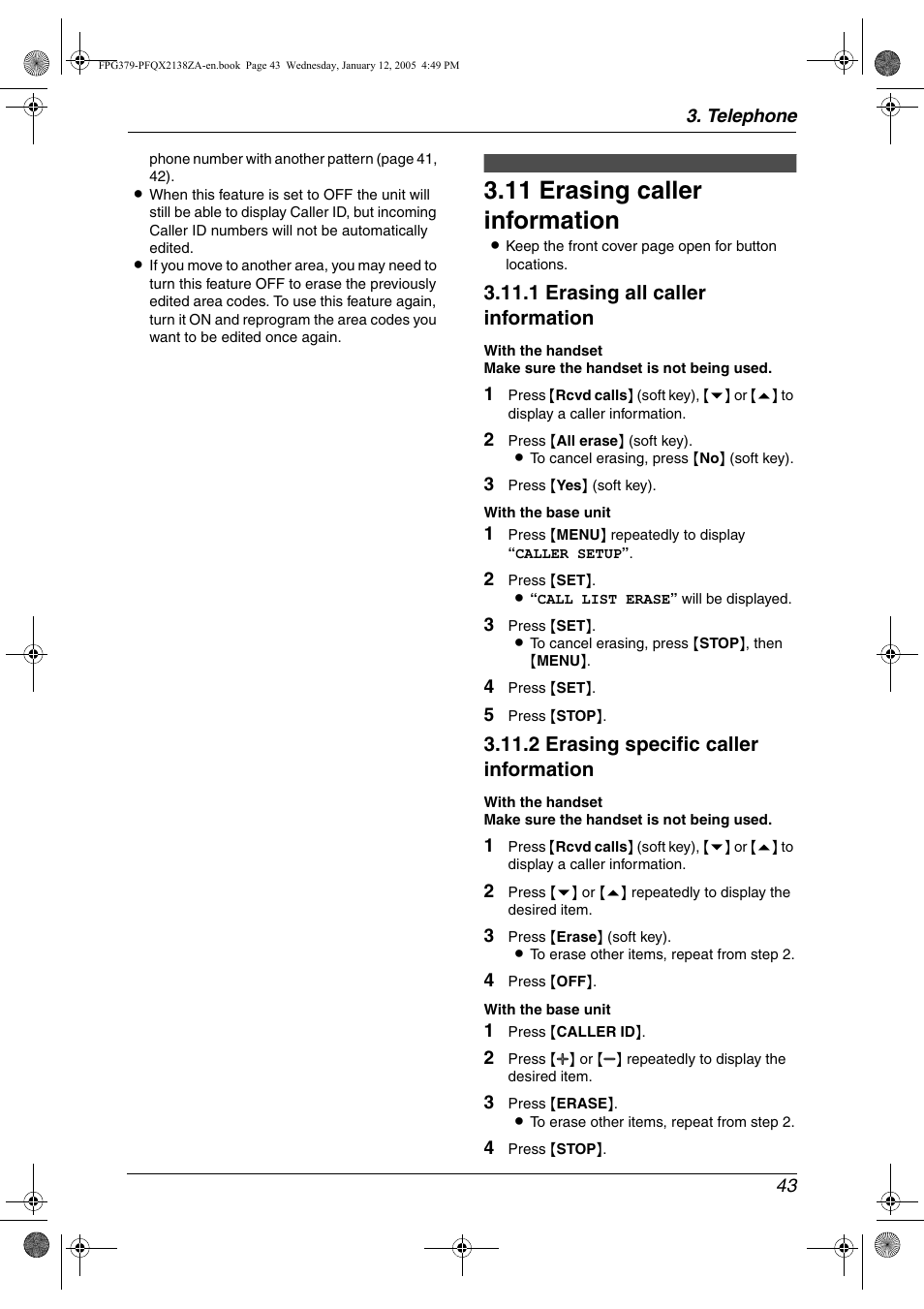 11 erasing caller information, Erasing caller information, 11 erasing caller information | 1 erasing all caller information, 2 erasing specific caller information | Panasonic KX-FPG378 User Manual | Page 45 / 110