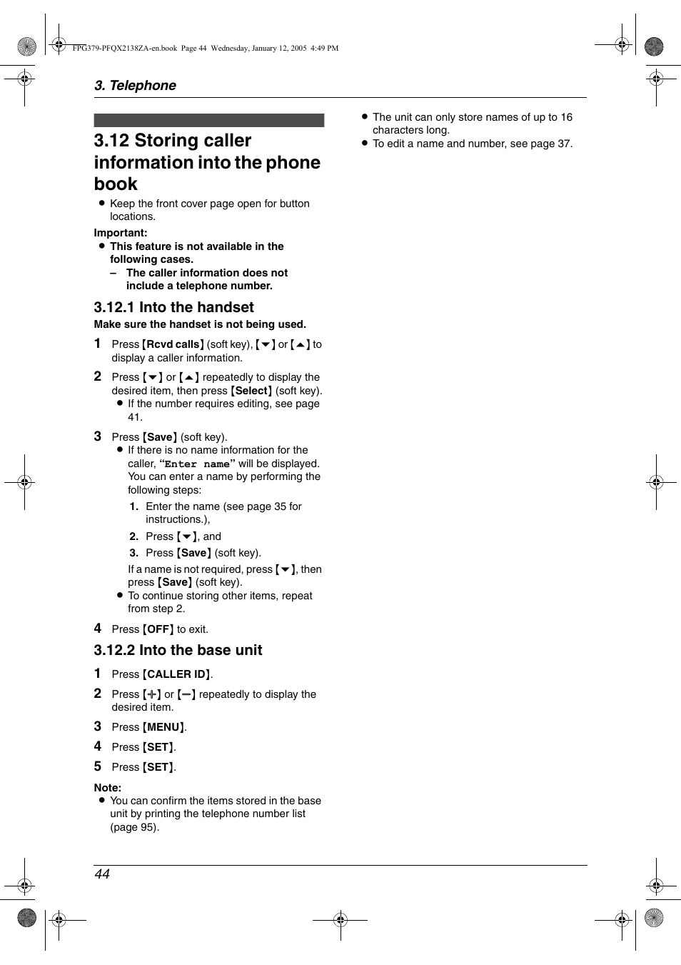 12 storing caller information into the phone book, Storing caller information into the, Phone book | Ep 3, 3 of the bas, 12 storing caller information into the phone book, 1 into the handset, 2 into the base unit | Panasonic KX-FPG378 User Manual | Page 46 / 110