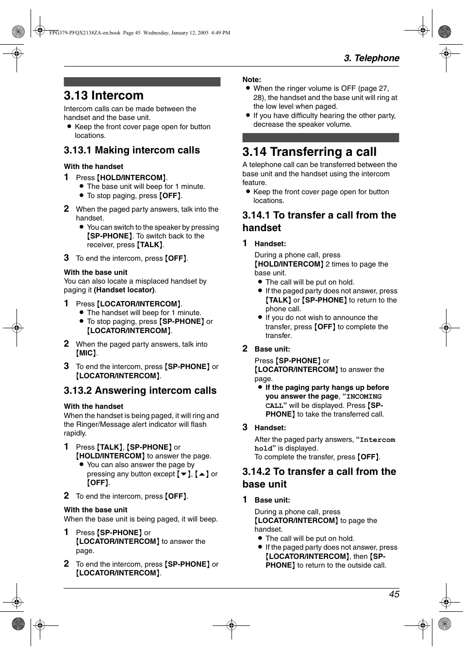 Other features, 13 intercom, 14 transferring a call | Intercom, Transferring a call, 13 intercom, 14 transferring a call, 1 making intercom calls, 2 answering intercom calls, 1 to transfer a call from the handset | Panasonic KX-FPG378 User Manual | Page 47 / 110