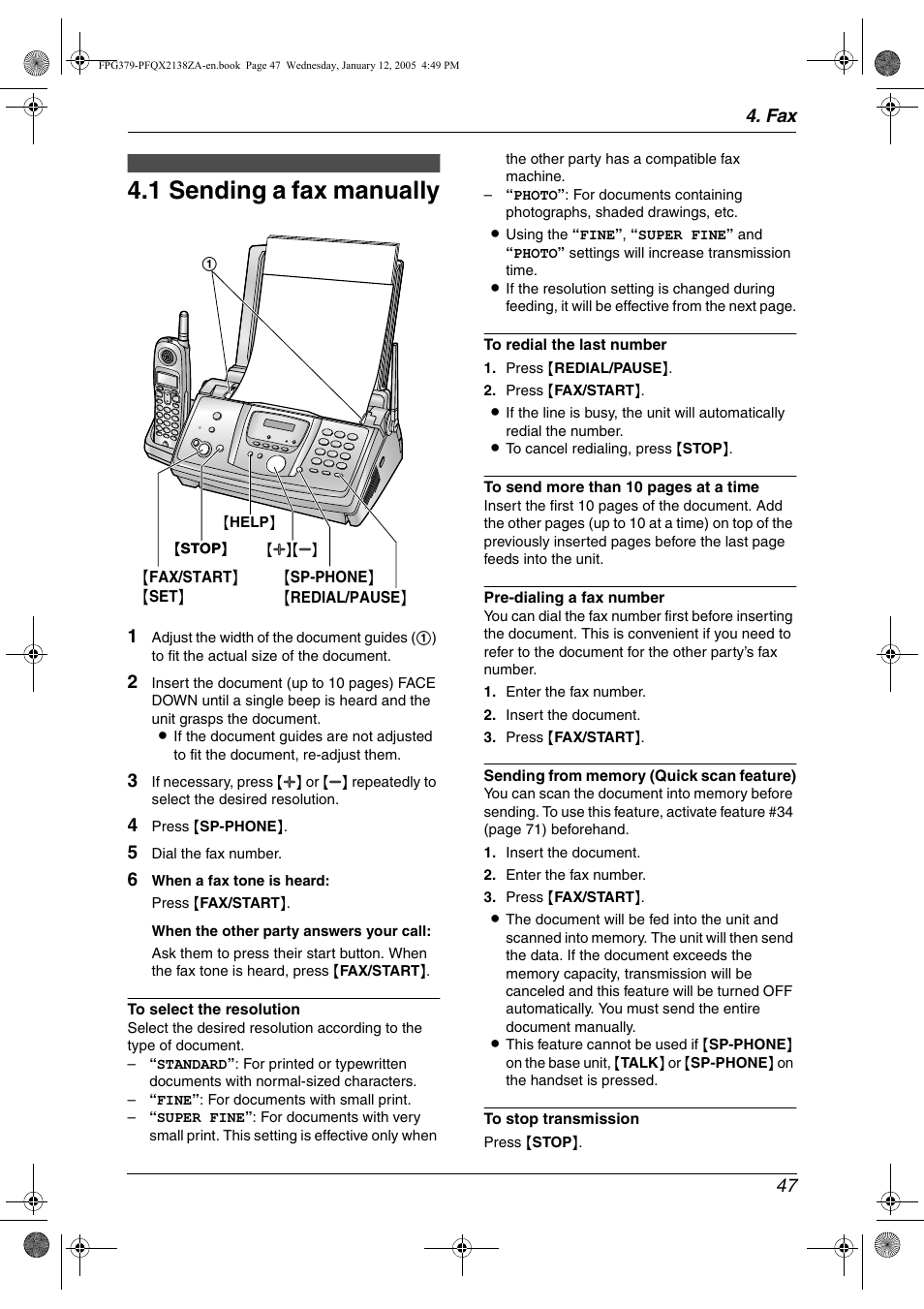 Sending faxes, 1 sending a fax manually, Sending a fax manually | 1 sending a fax manually, Fax 47 | Panasonic KX-FPG378 User Manual | Page 49 / 110