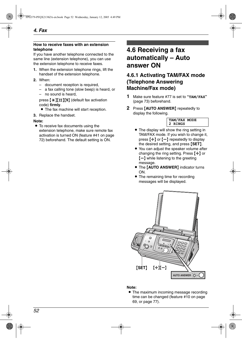 6 receiving a fax automatically – auto answer on, Receiving a fax automatically – auto answer on, 6 receiving a fax automatically – auto answer on | Fax 52 | Panasonic KX-FPG378 User Manual | Page 54 / 110