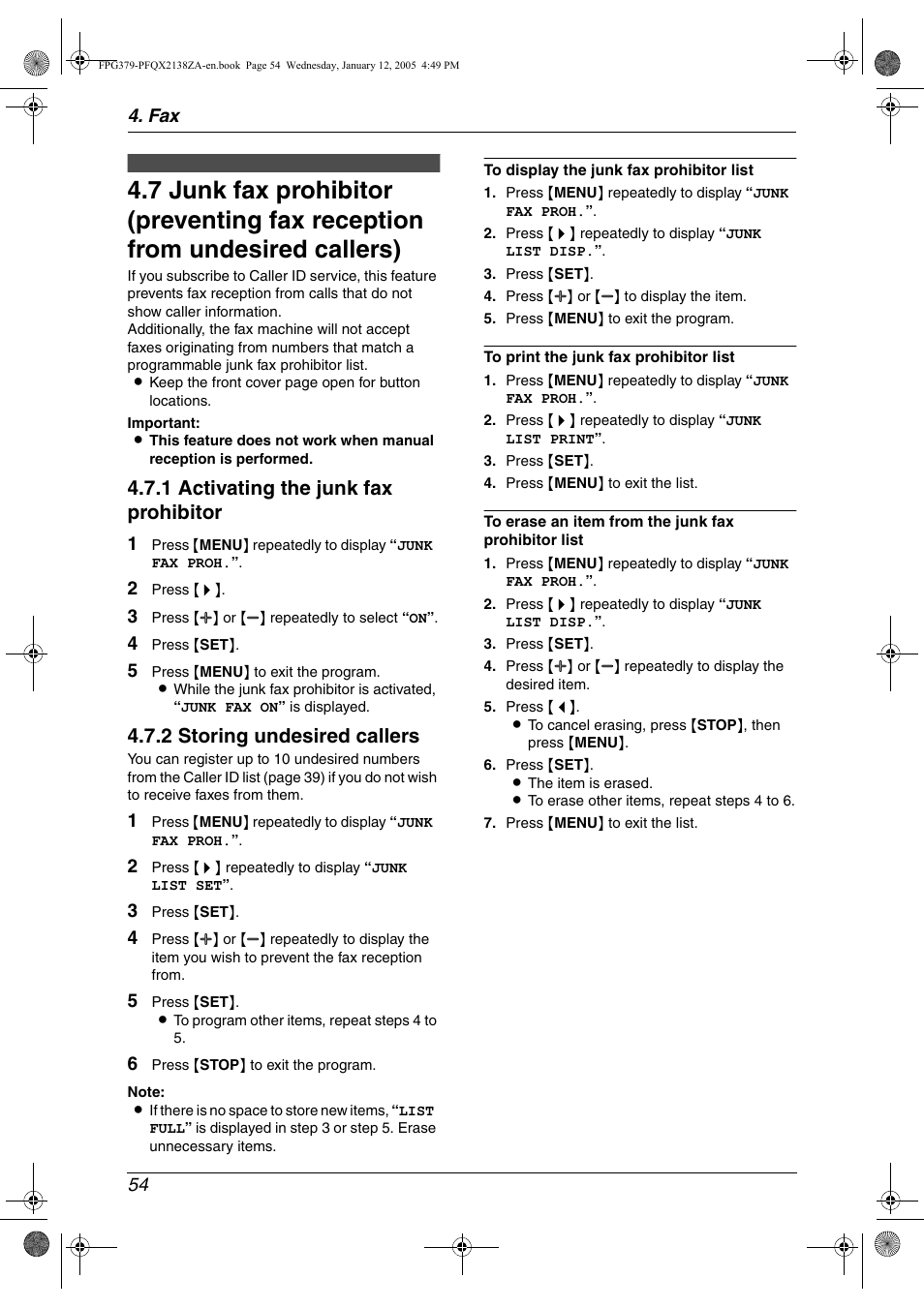 1 activating the junk fax prohibitor, 2 storing undesired callers | Panasonic KX-FPG378 User Manual | Page 56 / 110