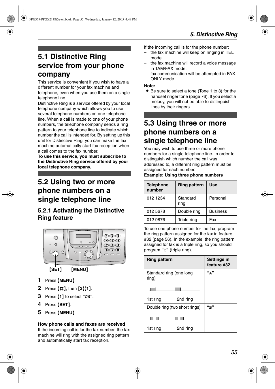 Distinctive ring, Distinctive ring service from your phone company, 1 distinctive ring service from your phone company | 1 activating the distinctive ring feature | Panasonic KX-FPG378 User Manual | Page 57 / 110