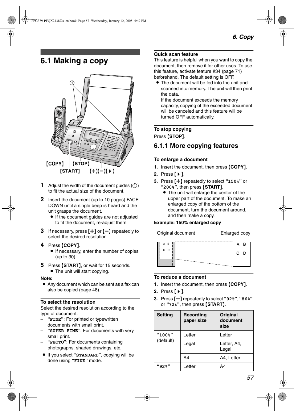 Copy, Copying, 1 making a copy | Making a copy, 1 making a copy, 1 more copying features, Copy 57 | Panasonic KX-FPG378 User Manual | Page 59 / 110