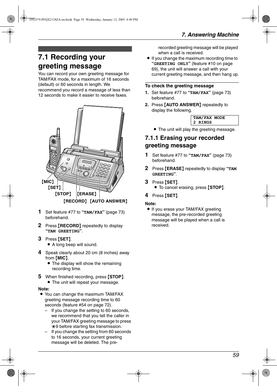 Answering machine, Greeting, 1 recording your greeting message | Recording your greeting message, 1 recording your greeting message, 1 erasing your recorded greeting message, Answering machine 59 | Panasonic KX-FPG378 User Manual | Page 61 / 110
