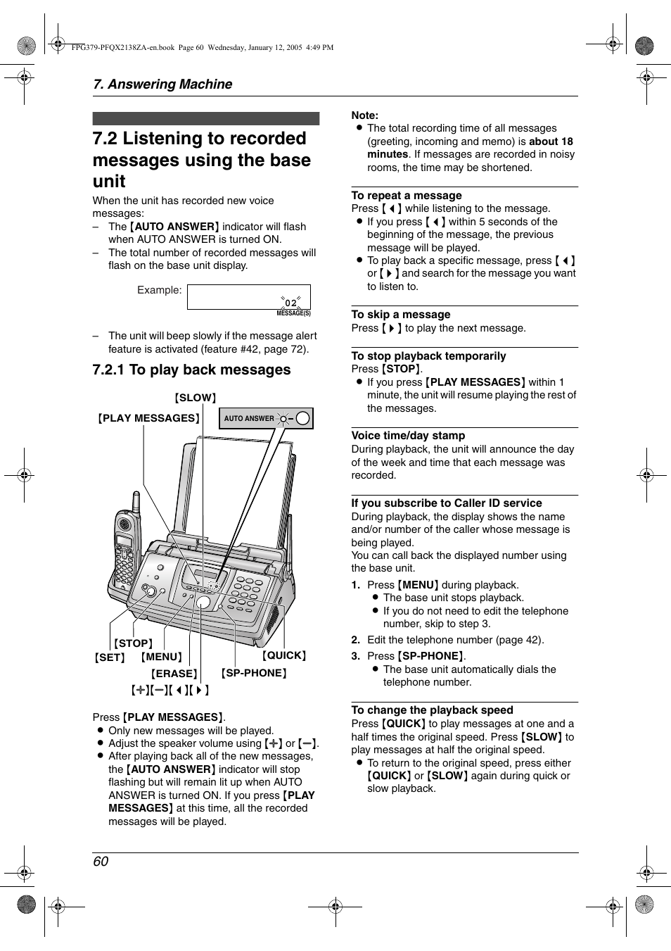 Incoming messages, Listening to recorded messages using the base unit, 1 to play back messages | Answering machine 60 | Panasonic KX-FPG378 User Manual | Page 62 / 110