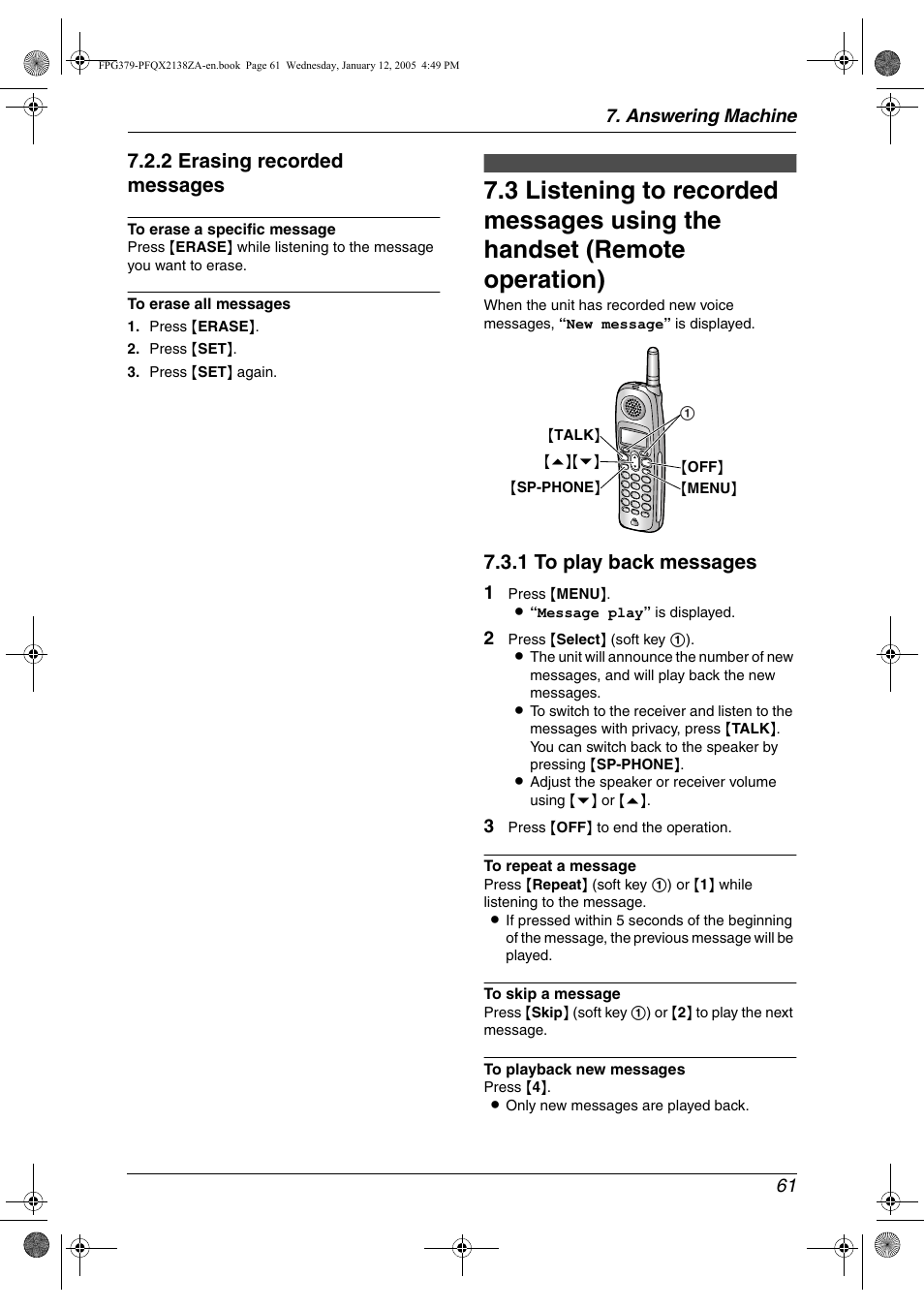 2 erasing recorded messages, 1 to play back messages | Panasonic KX-FPG378 User Manual | Page 63 / 110