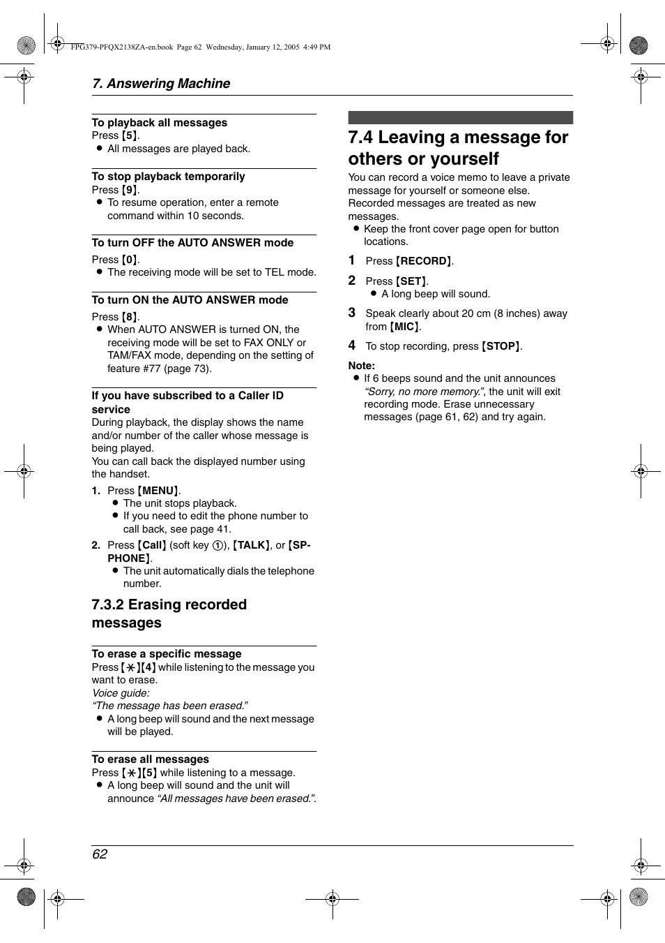 Memo message, 4 leaving a message for others or yourself, Leaving a message for others or yourself | 4 leaving a message for others or yourself, 2 erasing recorded messages, Answering machine 62 | Panasonic KX-FPG378 User Manual | Page 64 / 110