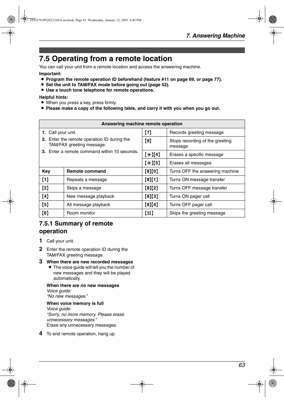 Remote operation, 5 operating from a remote location, Operating from a remote location | 5 operating from a remote location, 1 summary of remote operation, Answering machine 63 | Panasonic KX-FPG378 User Manual | Page 65 / 110