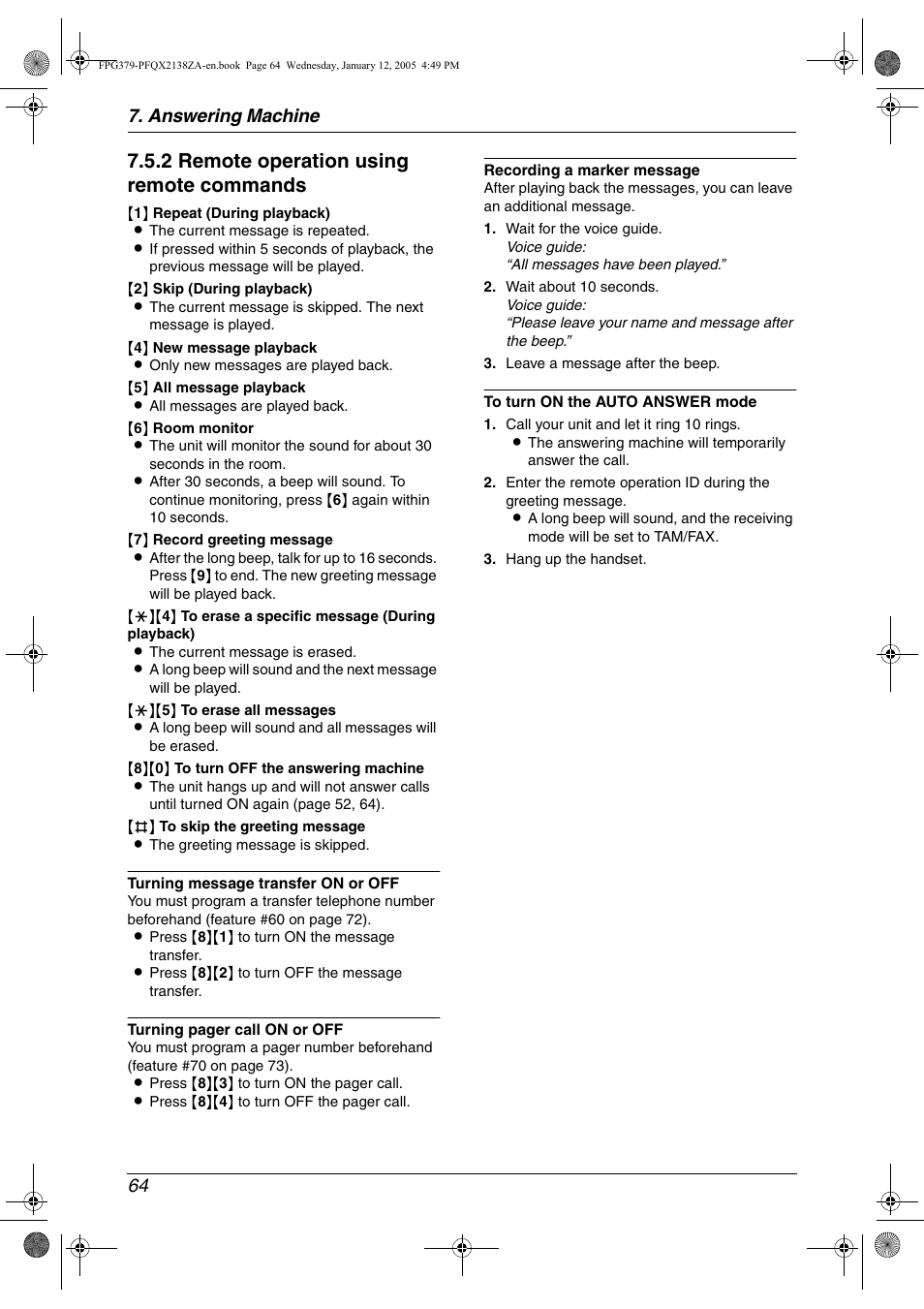 2 remote operation using remote commands, Answering machine 64 | Panasonic KX-FPG378 User Manual | Page 66 / 110