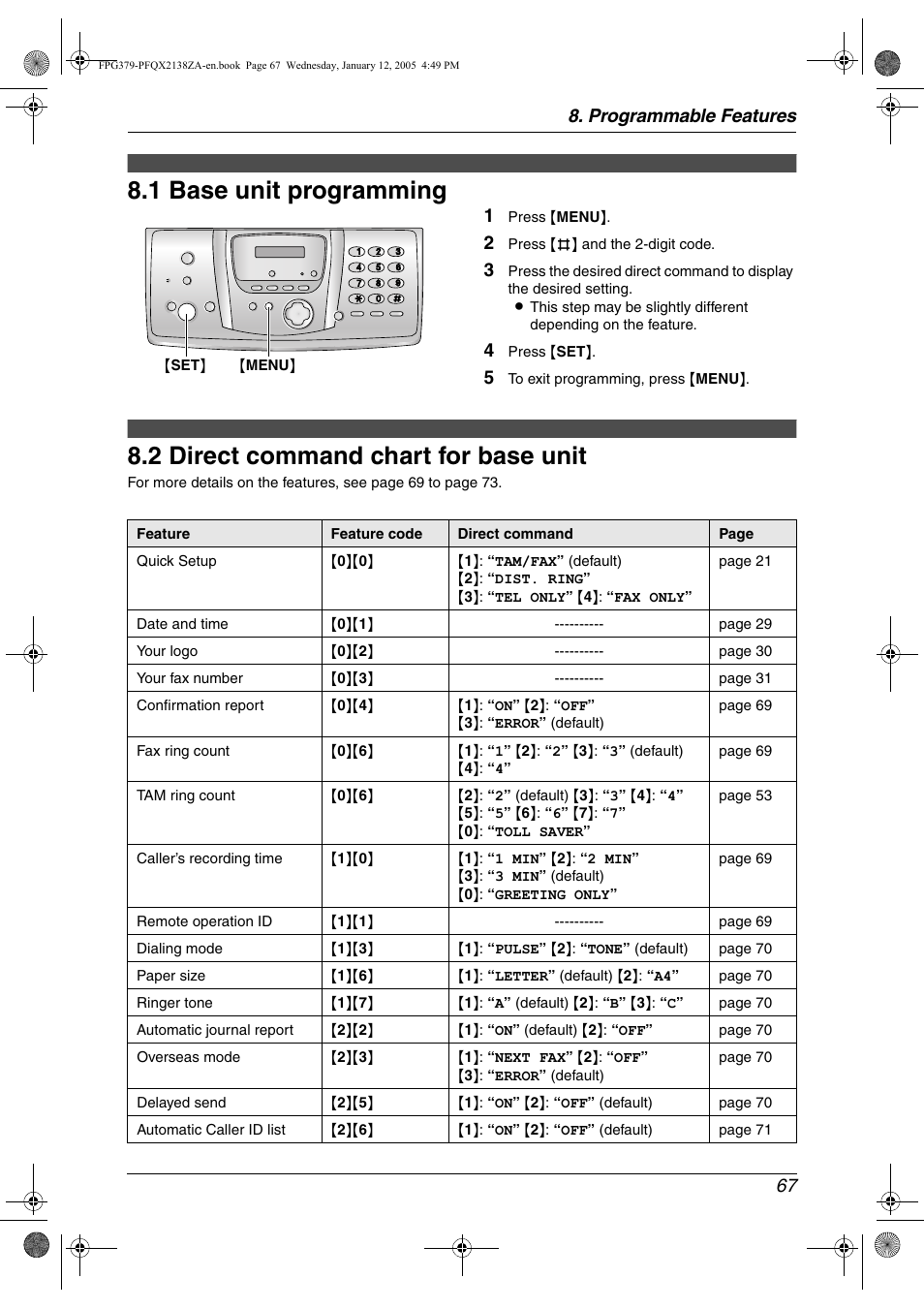 Programmable features, Features (base unit), 1 base unit programming | 2 direct command chart for base unit, Base unit programming, Direct command chart for base unit . 67, 1 base unit programming, 2 direct command chart for base unit, Programmable features 67 | Panasonic KX-FPG378 User Manual | Page 69 / 110