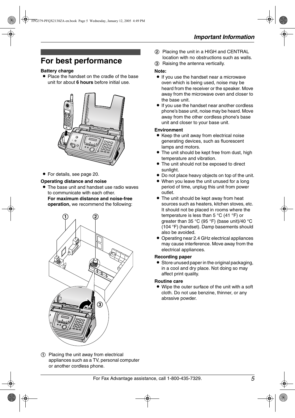 For best performance, Important information 5 | Panasonic KX-FPG378 User Manual | Page 7 / 110