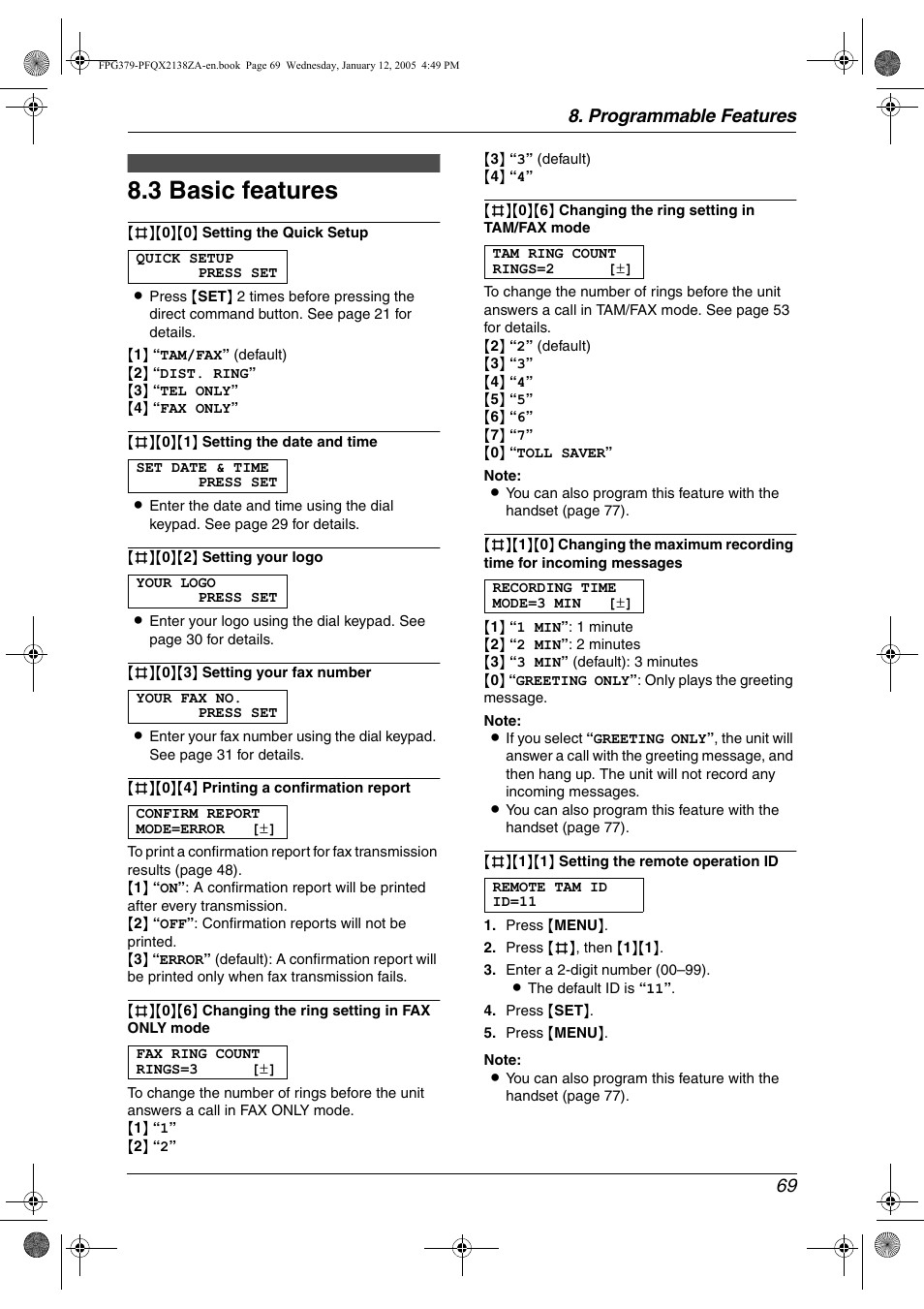 3 basic features, Basic features, 69), the uni | 3 basic features, Programmable features 69 | Panasonic KX-FPG378 User Manual | Page 71 / 110