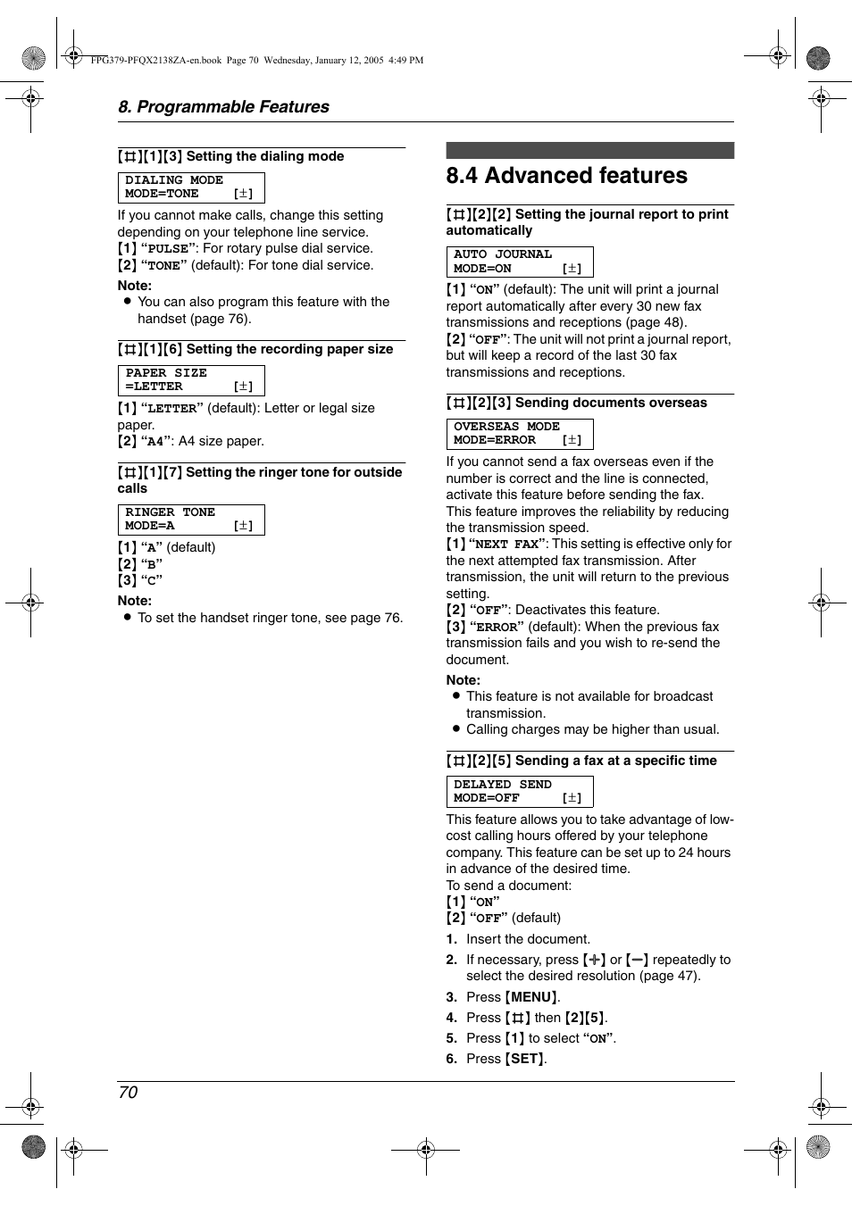 4 advanced features, Advanced features, 4 advanced features | Programmable features 70 | Panasonic KX-FPG378 User Manual | Page 72 / 110