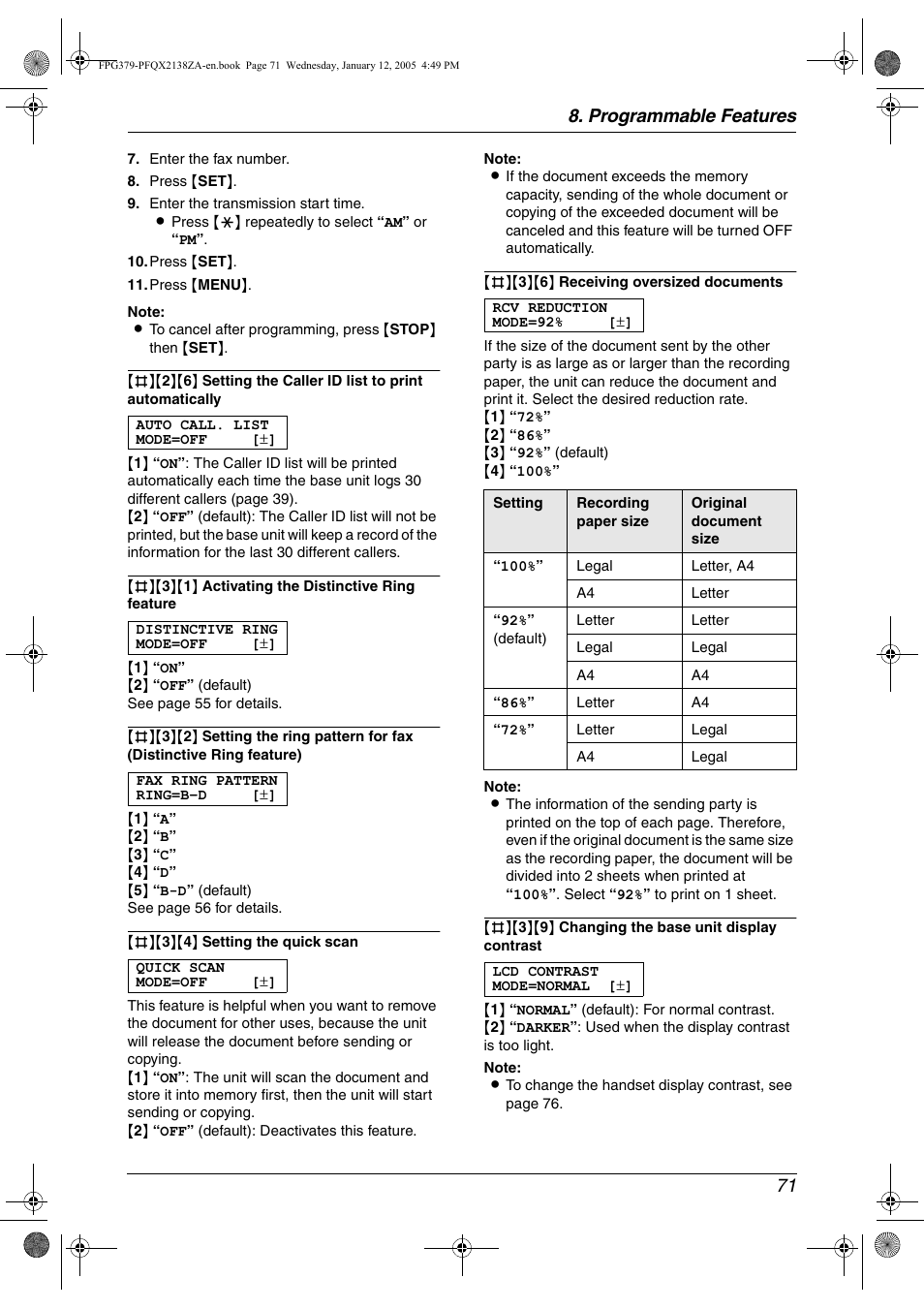 Programmable features 71 | Panasonic KX-FPG378 User Manual | Page 73 / 110