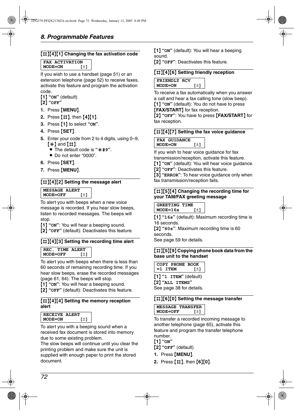 Programmable features 72 | Panasonic KX-FPG378 User Manual | Page 74 / 110