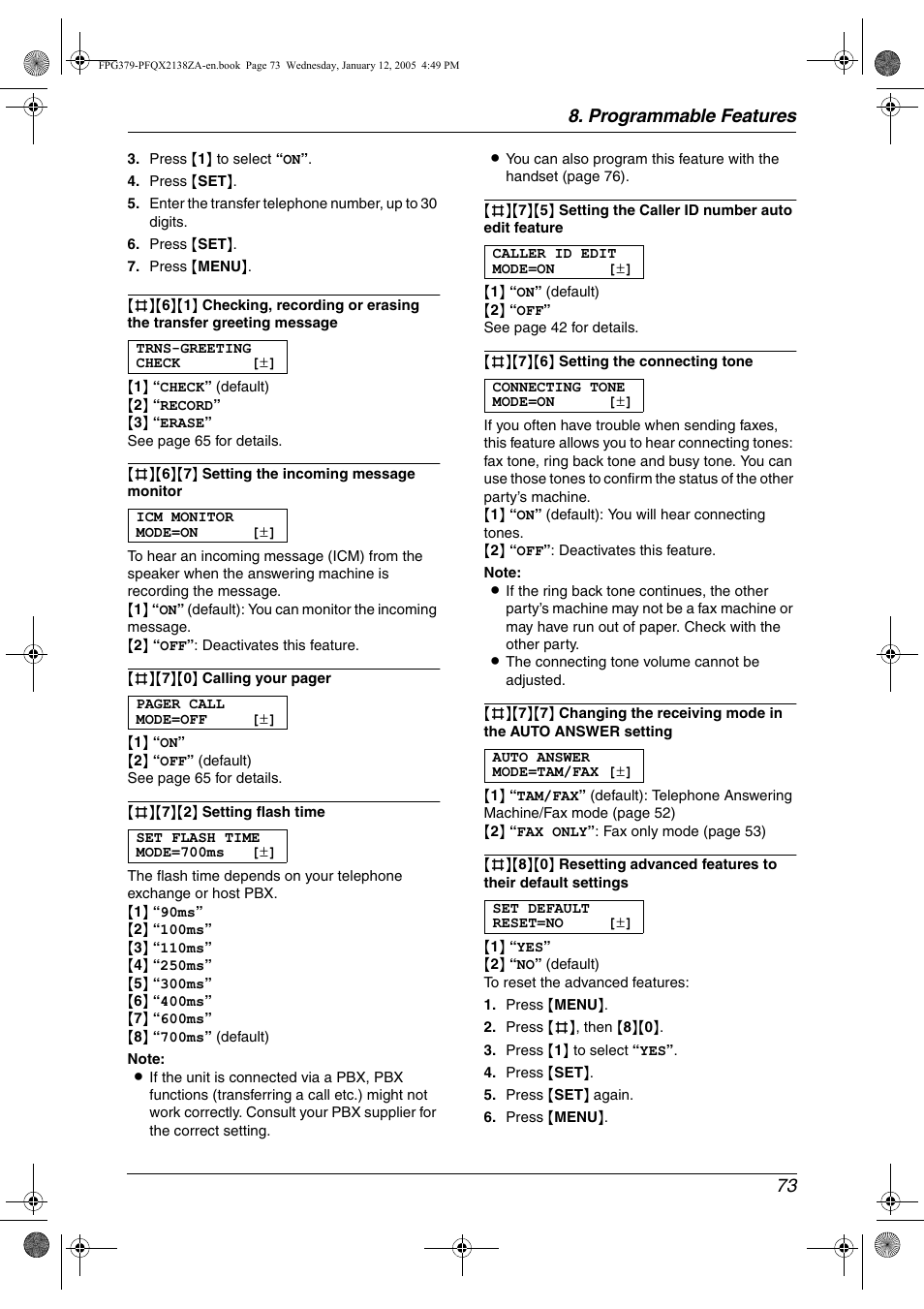 Programmable features 73 | Panasonic KX-FPG378 User Manual | Page 75 / 110
