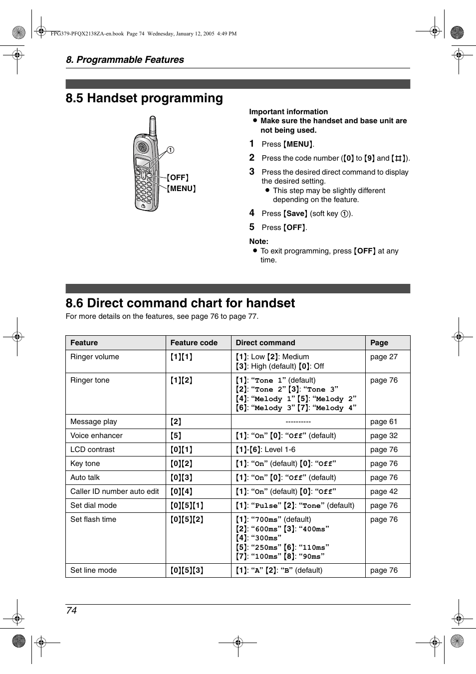Features (handset), 5 handset programming, 6 direct command chart for handset | Handset programming, Direct command chart for handset, 5 handset programming, 6 direct command chart for handset, Programmable features 74 | Panasonic KX-FPG378 User Manual | Page 76 / 110