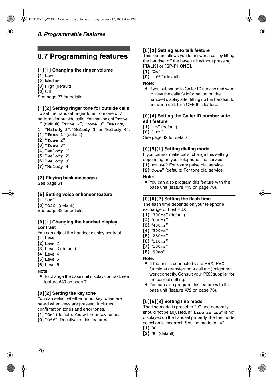 7 programming features, Programming features, 7 programming features | Programmable features 76 | Panasonic KX-FPG378 User Manual | Page 78 / 110