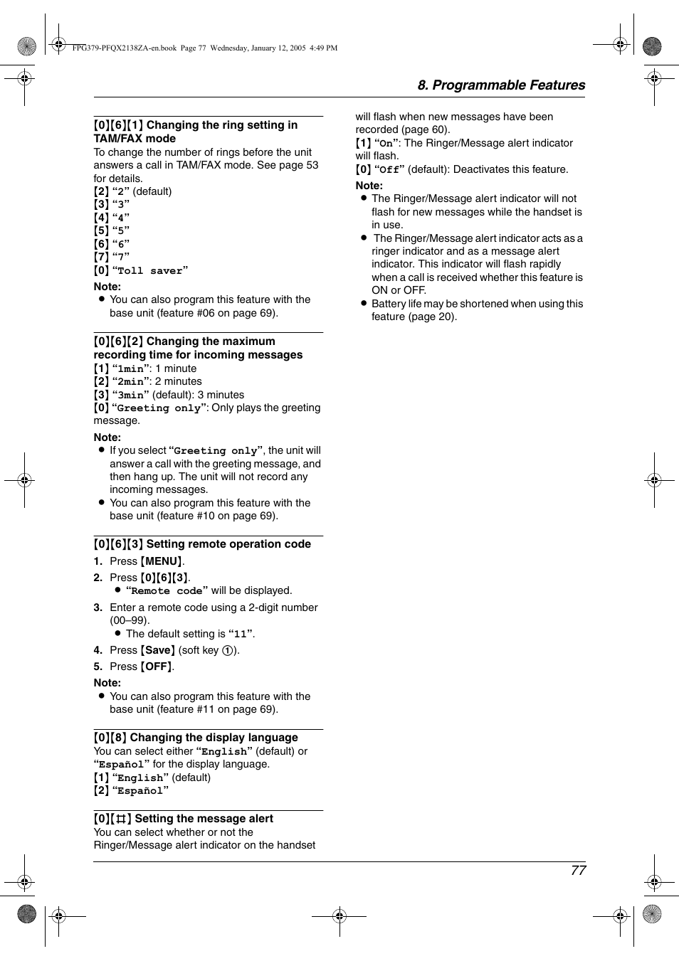 Programmable features 77 | Panasonic KX-FPG378 User Manual | Page 79 / 110