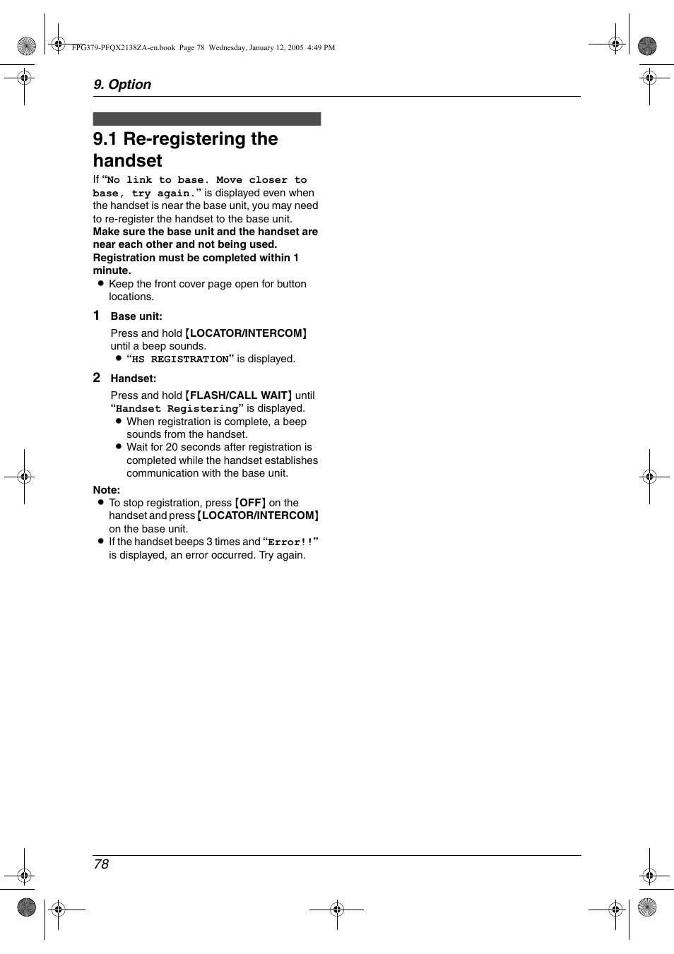 Option, Handset registration, 1 re-registering the handset | Re-registering the handset, 1 re-registering the handset, Option 78 | Panasonic KX-FPG378 User Manual | Page 80 / 110