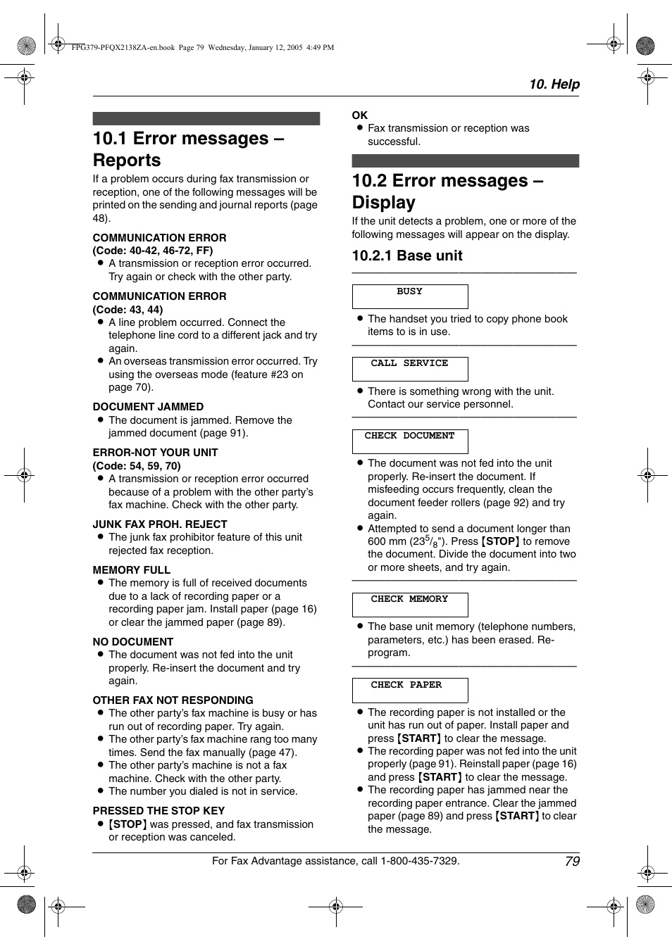 Help, Error messages, 1 error messages – reports | 2 error messages – display, Error messages – reports, Error messages – display, 1 error messages – reports, 2 error messages – display, 1 base unit, Help 79 | Panasonic KX-FPG378 User Manual | Page 81 / 110