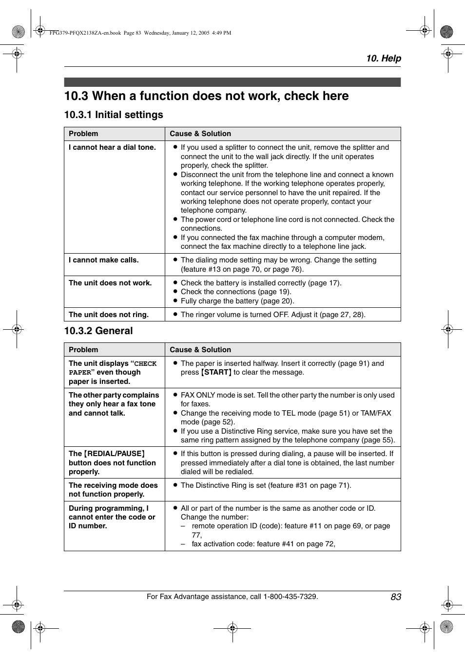 Troubleshooting, 3 when a function does not work, check here, When a function does not work, check | Here, 3 when a function does not work, check here, Help 83 | Panasonic KX-FPG378 User Manual | Page 85 / 110